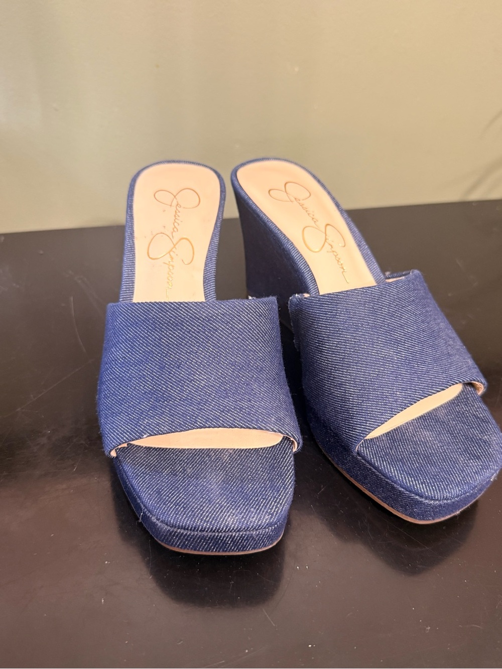 Jessica Simpson Navy Denim Open-Toe Platform Mules